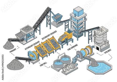 Industrial mineral processing plant with primary and secondary crushers, fine grinding, and water treatment