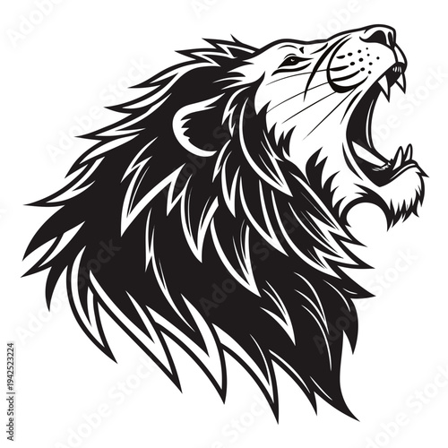 Vector illustration of a roaring lion head in black and white