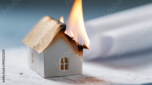 Miniature house on fire with blurred cigarette in background on documents