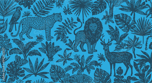 Wild Animals and Plants Pattern Design.