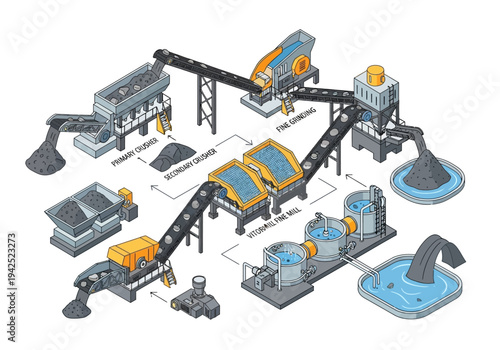 Isometric vector illustration of an industrial ore processing plant showing the complete heap leaching and mineral extraction process