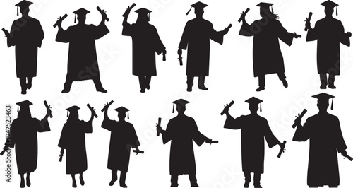 Graduates in caps and gowns celebrating with diplomas proudly