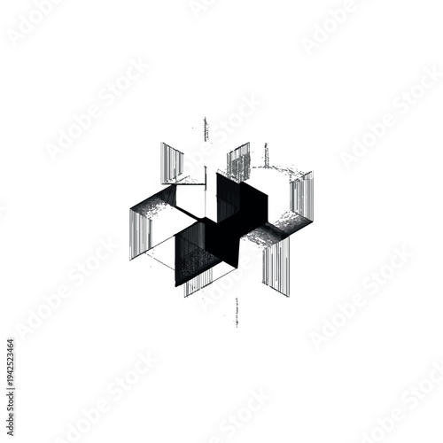 Geometric shapes forming 3D cube with black and white abstract design