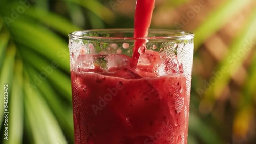 Pouring fresh red berry smoothie into glass with ice