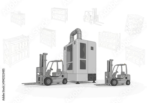Industrial automation concept with forklift trucks and manufacturing machinery in a modern warehouse setting