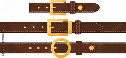 Leather belts collection with golden buckles, classic fashion waist belts isolated accessory vector illustration set