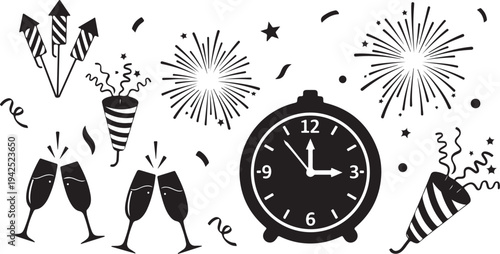 New Year's Eve Celebration with Fireworks and Champagne Glasses