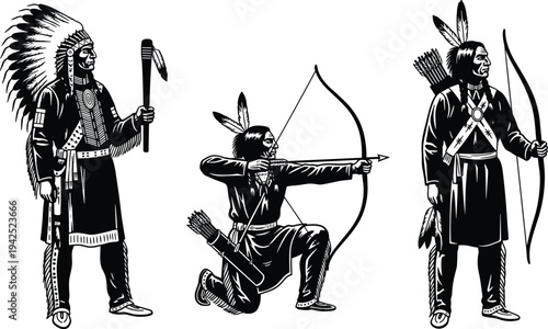 Set of black silhouettes featuring Native American warriors with traditional headdress and bows in standing and kneeling poses for historical design,
