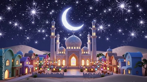 3D Cartoon Festive Ramadan Night Scene with Mosque Crescent Moon and Fireworks