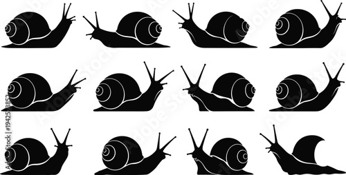 Set of black snail silhouettes in various crawling positions with shells and antennae isolated on white background for nature design