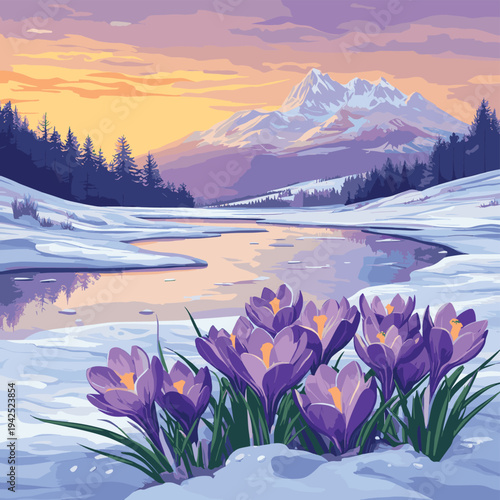 Purple crocuses bloom through melting snow on a serene mountain landscape at sunrise, illustrating the vibrant Spring Equinox concept and nature's rebirth