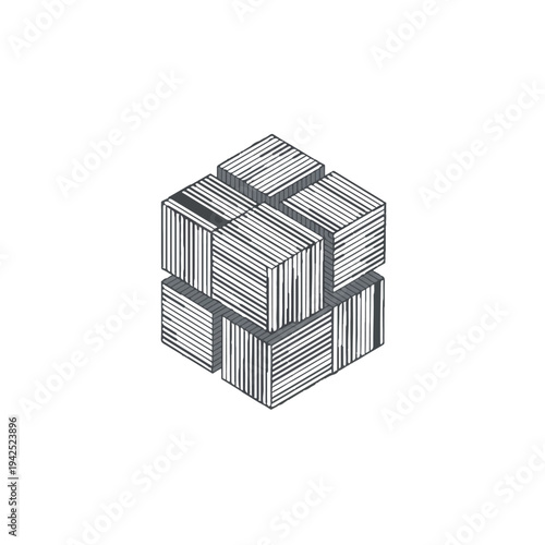 Stack of neatly arranged shipping containers in monochrome illustration