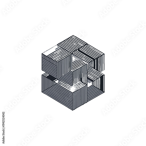 Stunning geometric cube with intricate black and white striped pattern