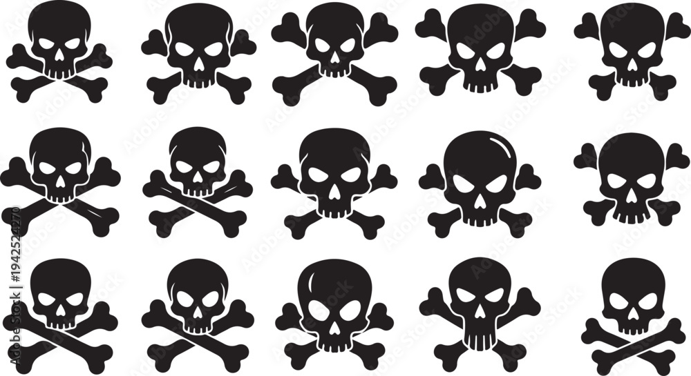 Fototapeta premium Black skulls and crossbones on white background pattern design