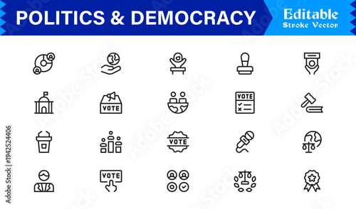 Politics And Democracy Line Icon Collection – Professional, Minimal, and Modern Vector Symbols for Voting, Government, Rights, Elections, and Law Concepts