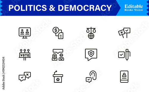 Politics And Democracy Line Icon Collection – Professional, Minimal, and Modern Vector Symbols for Voting, Government, Rights, Elections, and Law Concepts