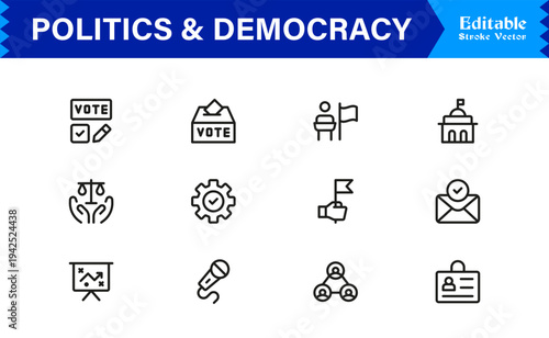 Politics And Democracy Line Icon Collection – Professional, Minimal, and Modern Vector Symbols for Voting, Government, Rights, Elections, and Law Concepts