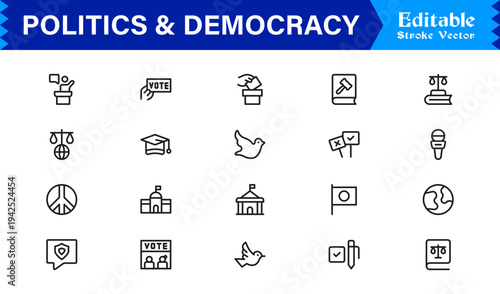 Politics And Democracy Line Icon Collection – Professional, Minimal, and Modern Vector Symbols for Voting, Government, Rights, Elections, and Law Concepts