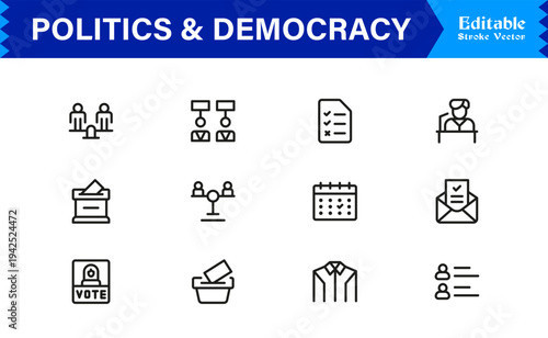 Politics And Democracy Line Icon Collection – Professional, Minimal, and Modern Vector Symbols for Voting, Government, Rights, Elections, and Law Concepts