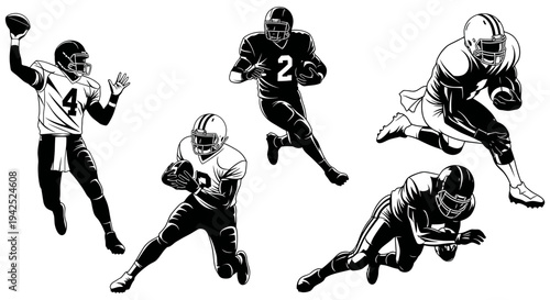 American Football Players in Action, Dynamic Poses, Black and White Illustration