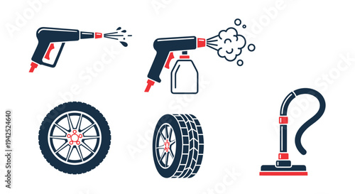 Car Wash & Detailing Icons: Pressure Washer, Sprayer, Tires, Vacuum Cleaner