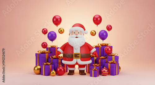 Santa claus surrounded by colorful balloons and gifts