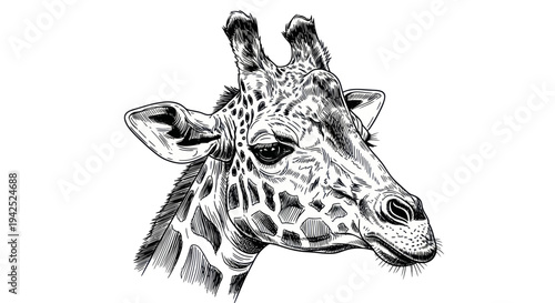 Detailed ink sketch of a giraffe head, black and white illustration, wildlife art