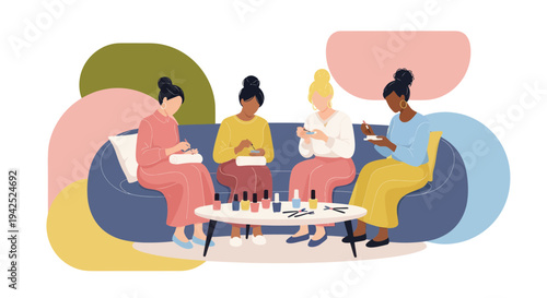 Diverse Women Enjoying Nail Art Session Together on Sofa