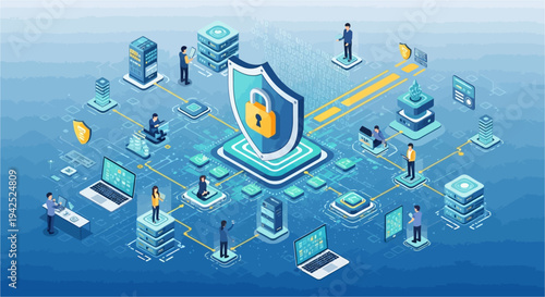 Isometric illustration of a secure digital network with interconnected devices, data flow, and people, emphasizing cybersecurity and data protection.