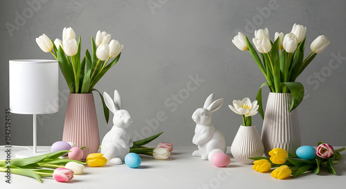 Easter decor with tulips and bunny figurines