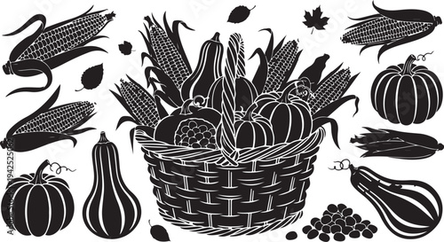 Harvest basket filled with vegetables and corn illustration