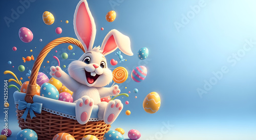 Easter bunny in a colorful basket surrounded by eggs