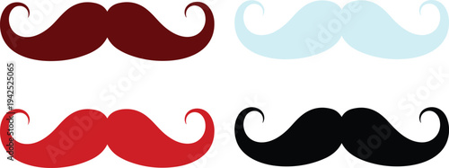 Set of colorful mustache icons, curly vintage facial hair silhouettes in red, black, brown, and blue, barber shop design elements.