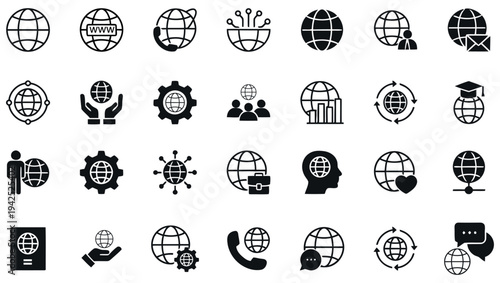 Collection of black and white icons depicting global communication and technology