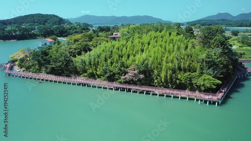 Aerial View of Bito Island in Sacheon with Emerald Sea, South korea