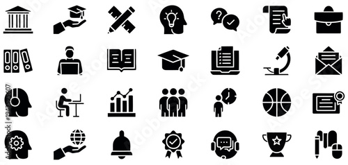 Collection of black education and business icons on white background