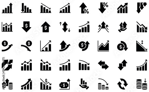 Collection of black and white business and finance icons