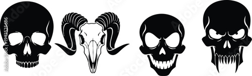 Black skull and horned ram silhouette icons, scary monster heads on white background