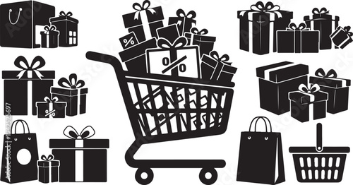 Shopping cart filled with gifts and presents online shopping