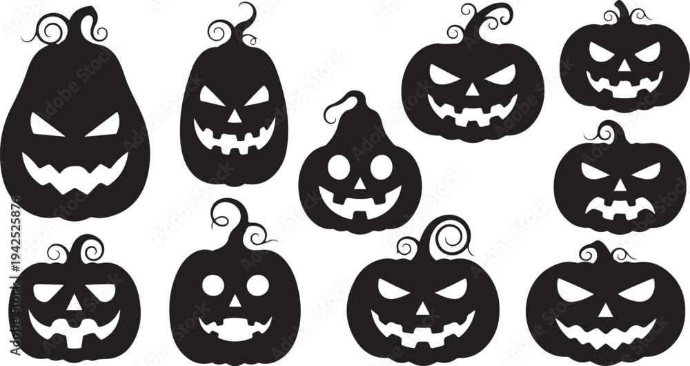 Obraz premium Collection of spooky black jack-o-lanterns on white background