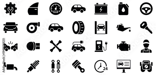 Collection of black and white automotive icons and symbols