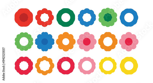 Colorful collection of stylized floral geometric vector elements arranged in neat rows