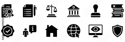 Collection of black and white law and security related icons