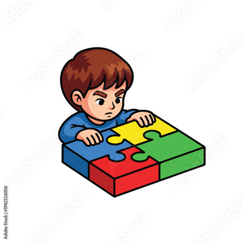 boy playing with puzzle pieces learning and development concept