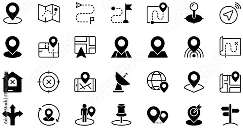 Collection of navigation and location icons in black and white