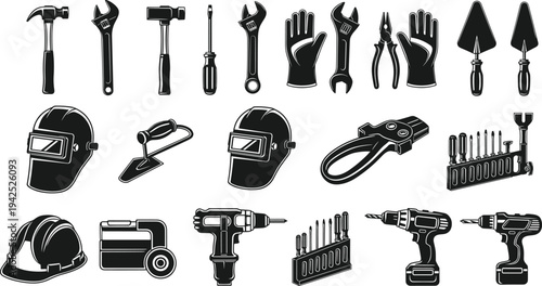 Set of construction tools silhouettes featuring hammer, wrench, drill, welding mask, safety helmet, and hardware equipment icons