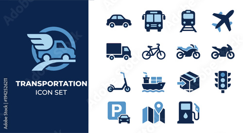 Comprehensive icon set representing various modes of transportation and related elements Vector