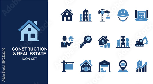 Illustrated icons representing various aspects of construction and real estate industry. Vector