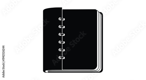 A closed black spiral notebook is displayed against a white background