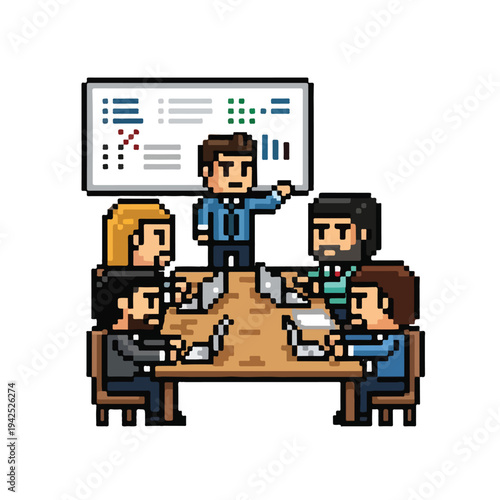 Pixel art business team in meeting with presentation